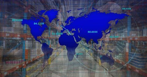 global trade routes above warehouse shelves representing supply chain - Download Free Stock Images Pikwizard.com