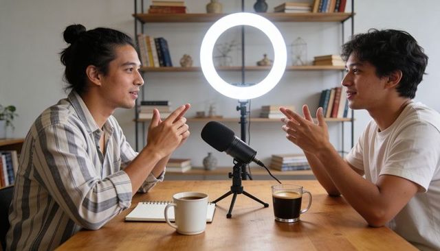 Two Hosts Recording Conversational Podcast with Microphone and Ring Light in Cozy Studio