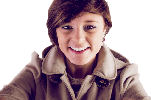 Transparent Portrait of Smiling Woman in Beige Coat