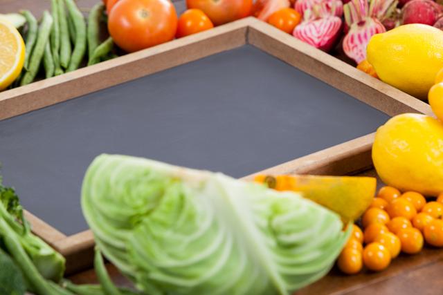 Close-up of wooden tray surrounded with fresh vegetables
