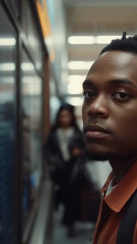 Vertical close-up of student opening locker while peer passing through busy school corridor