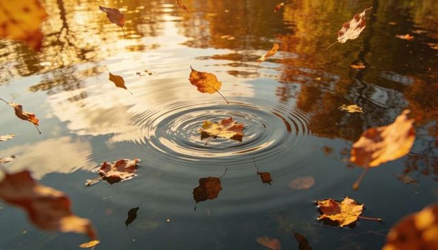 Single maple leaf floating on pond creating concentric ripples at warm golden hour