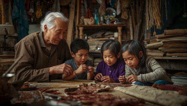 Grandfather guiding three children threading beads on handmade textile at workshop table