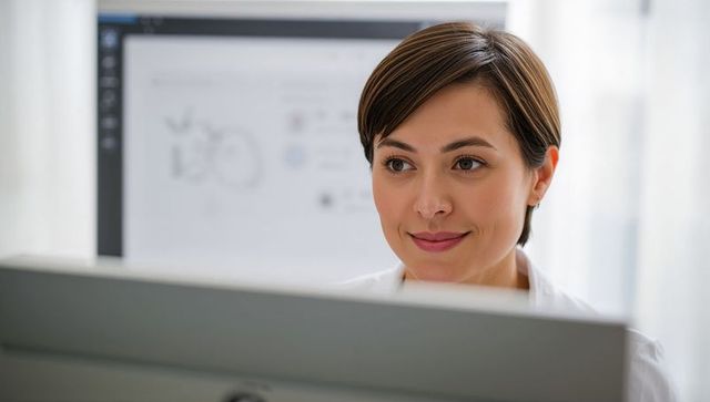 Young professional woman concentrating at computer monitor in bright minimalist office