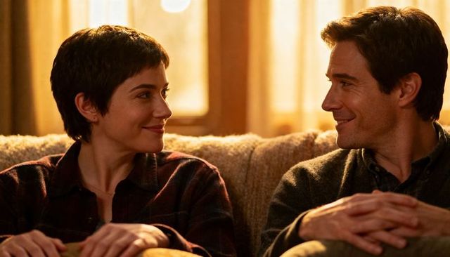 Smiling couple sitting on cozy couch sharing warm gaze and intimate conversation