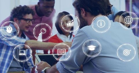 Leading team collaborating over tablet with digital icons for analytics and learning