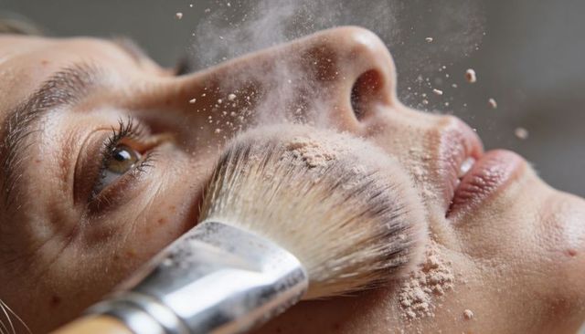 Applying loose powder with makeup brush creating powder cloud on closeup female face