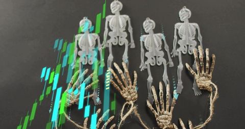 Skeleton puppet hands manipulation concept with neon financial chart overlay