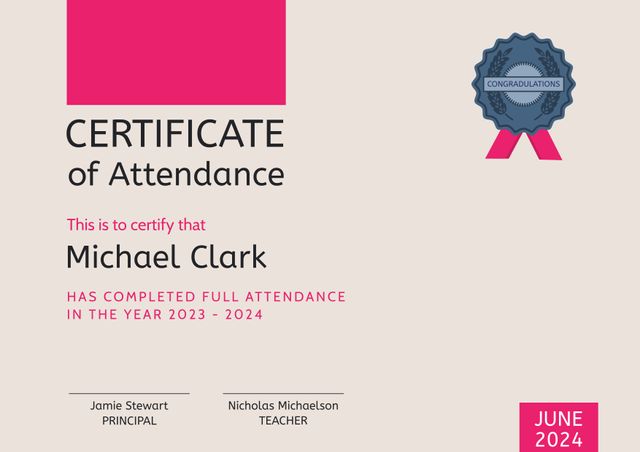This certificate template featuring a classical design with a badge on a beige background is ideal for schools, educational institutions, and professional training programs. It acknowledges full attendance for the year 2023-2024. Perfect for rewarding students, employees, and participants who have shown dedication and commitment. Easily customizable for various occasions and programs.