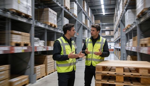 Warehouse supervisors discussing inventory in high-visibility vests among pallet racking