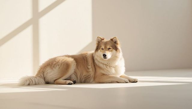 Fluffy cream-and-tan dog soaking up sunlight in minimalist room with window-pane shadow