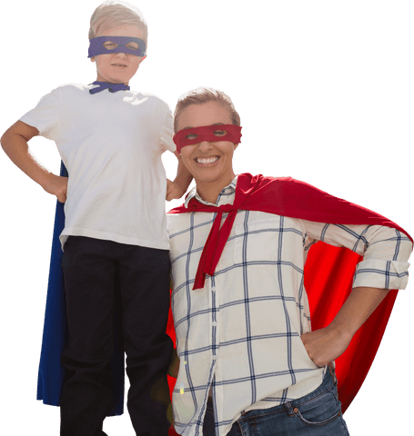 Mother and Son Wearing Superhero Costumes, Transparent Background