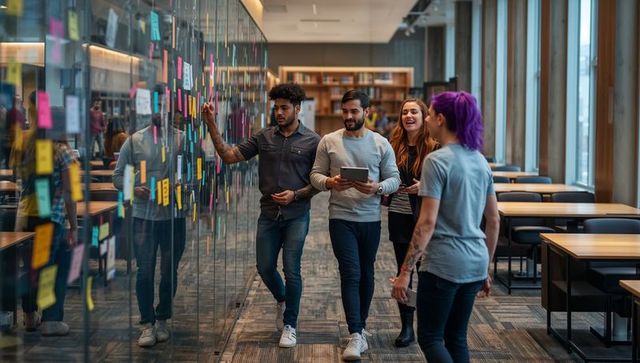 Diverse team walking and brainstorming along sticky-note glass wall in modern coworking space