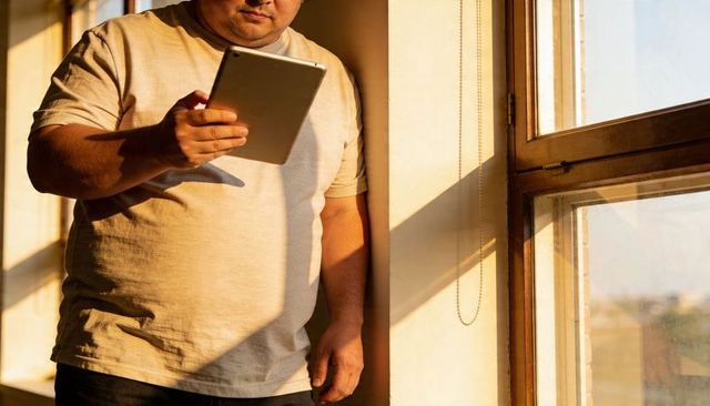 Man standing by window holding tablet and looking down in warm golden sunlight