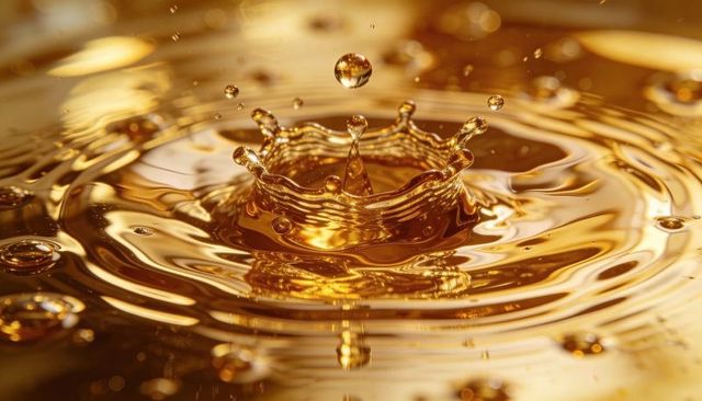 Golden crown splash creating radiant droplets and shimmering ripples closeup