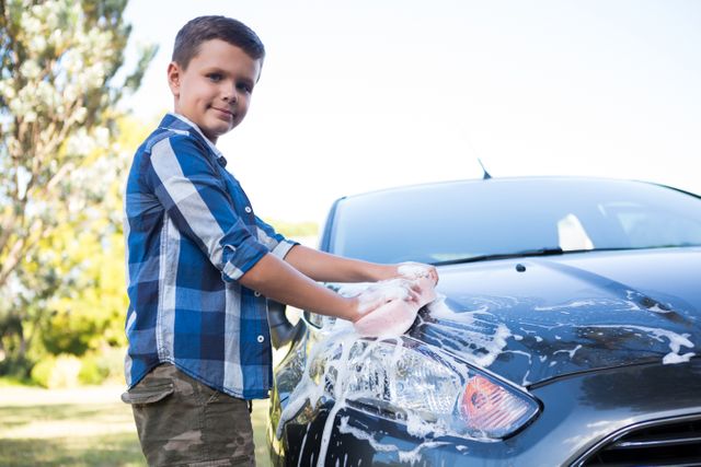 Teen boy washing a car with soapy water on a sunny day. The image is ideal for depicting family activities, vehicle maintenance, and outdoor chores. It can be used in advertisements for car cleaning products, blogs on teaching kids responsibility, or automotive care tutorials.