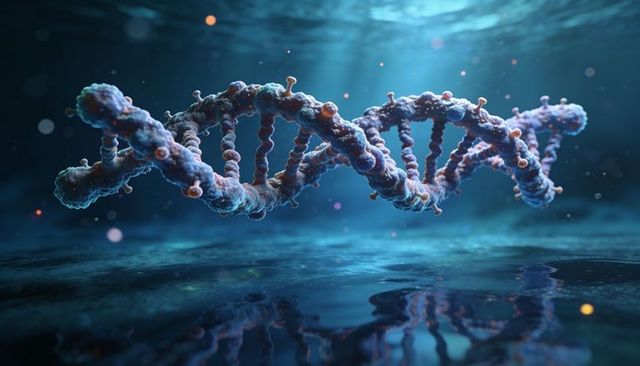 Floating dna double helix over reflective water with bioluminescent cyan light and bokeh