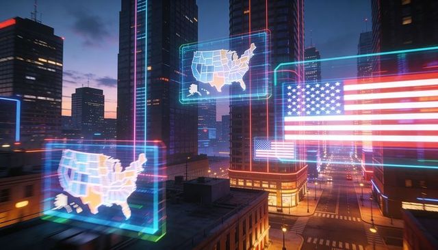 Projecting holographic american flag and floating us map over futuristic neon city at dusk