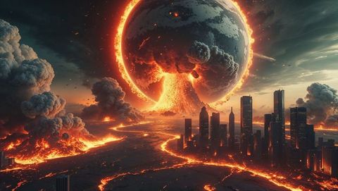 Apocalyptic fiery sphere erupting over decimated cityscape