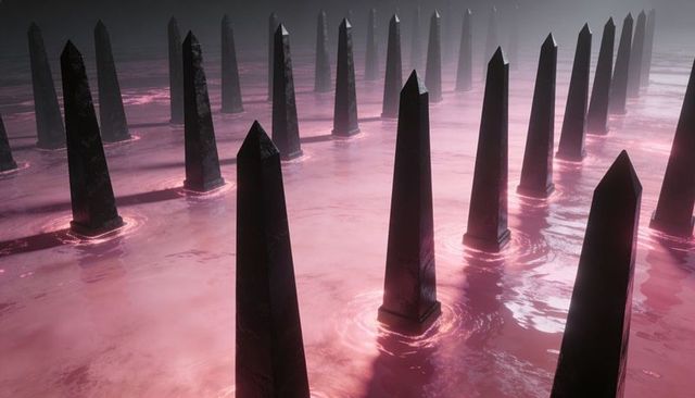 Dark Stone Obelisks Rising from Reflective Roseate Pool with Mist and Ripples
