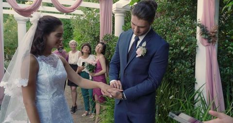 Romantic Outdoor Wedding Ceremony with Bride and Groom Exchanging Rings