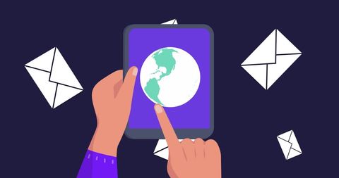 Hands using tablet with global networking theme