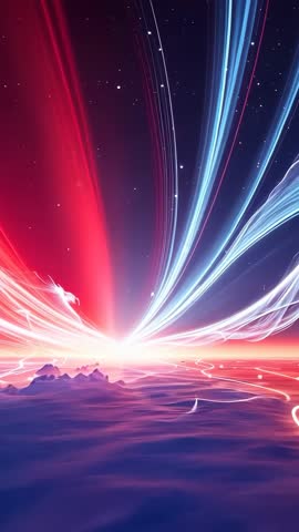 Vertical video pulsing cosmic glow sending red and blue energy arcs above cloud ocean