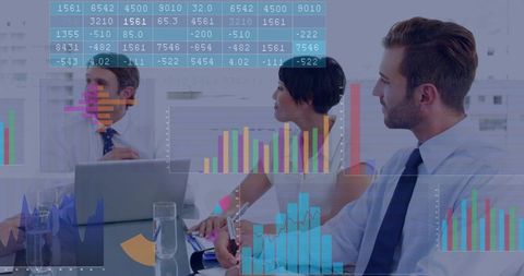 Business team collaborating over financial analytics with transparent data charts and graph overlays