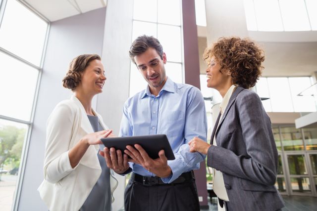 Business executives are collaborating and discussing over a digital tablet in a modern office environment. This image can be used for corporate presentations, business websites, teamwork and collaboration concepts, and promotional materials for professional services.