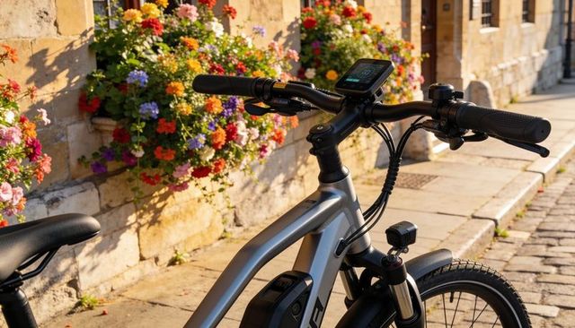 Electric bike handlebars displaying console on sunlit cobblestone street with flowers