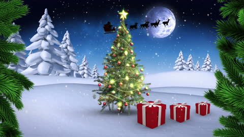 Festive Winter Scene with Christmas Tree and Gifts Under Moonlit Sky