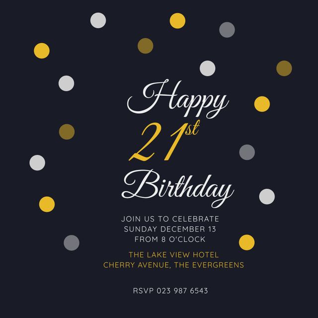 This sophisticated 21st birthday party invitation features stylish gold and silver confetti on a dark background. Perfect for celebrating a milestone birthday, the elegant design invites guests to a special evening occasion. Elegant for official events, this template includes RSVP details and can be used for personal printing or digital invitations.