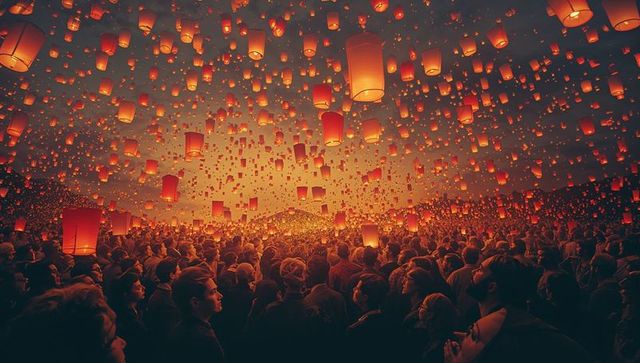Illuminated sky lanterns filling night sky at lantern festival