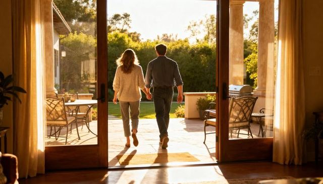 Couple walking hand in hand through open glass doors onto sunlit backyard patio