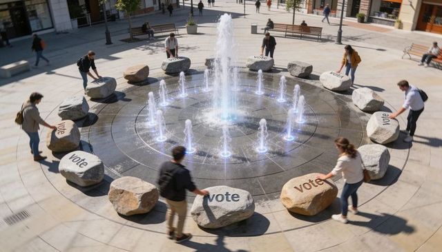 Urban plaza fountain featuring vote-painted boulders and people circling for civic engagement