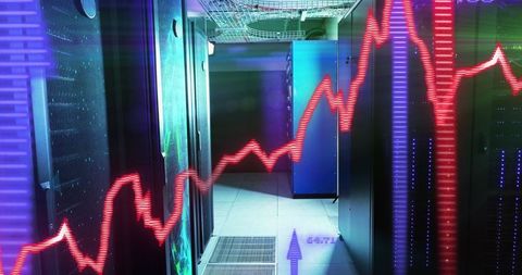 Data center corridor with floating financial graph
