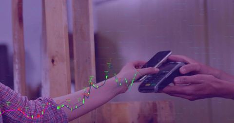 Processing contactless mobile payment at retail checkout with financial chart overlay