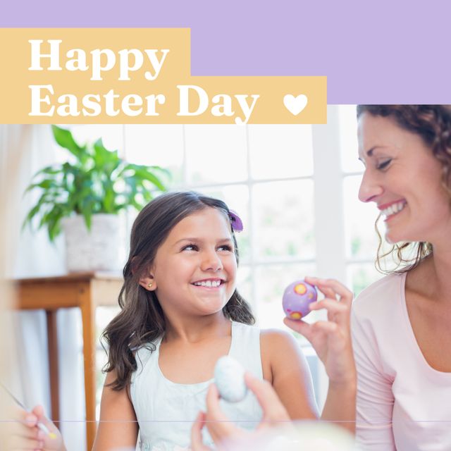 Happy Easter Day text overlays a heartwarming scene of a Caucasian mother and daughter painting Easter eggs together. Ideal for Easter promotions, family celebrated traditions, holiday greetings, and advertisements focusing on family bonding and craft activities.