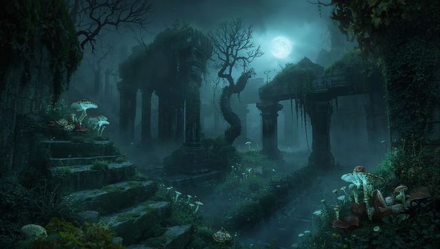 Moonlit Ruins in Misty Swamp with Mossy Steps, Gnarled Tree and Glowing Mushrooms
