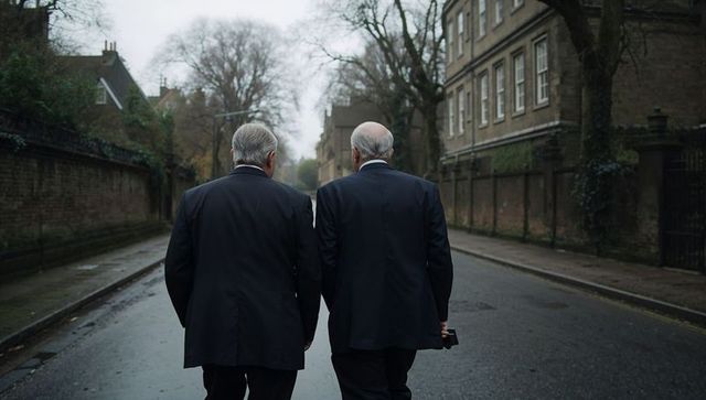 Two senior men walking on wet quiet urban street wearing dark suits holding smartphone
