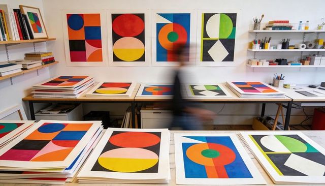Studio showcasing colorful geometric screen prints on wooden tables with blurred figure