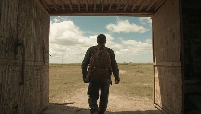 Stepping from rustic barn onto prairie with canvas backpack under wide cloudy sky