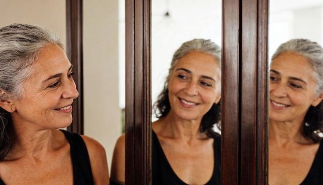 Smiling senior woman admiring mirror reflection, embracing aging with confidence and grace