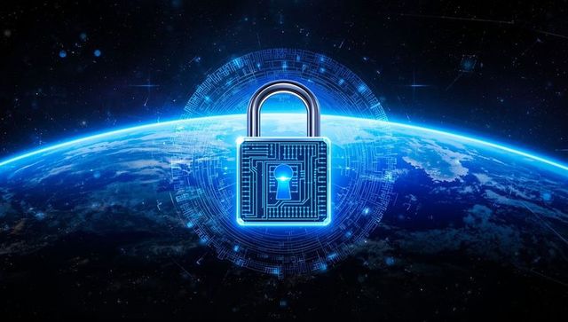 Digital padlock floating above earth with circuitry and star field