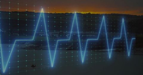 Neon ECG Waveform Overlaying Coastal Dusk with Futuristic Turquoise Grid