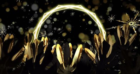 Golden Christmas Snowflakes and Light Circle on Dark Background