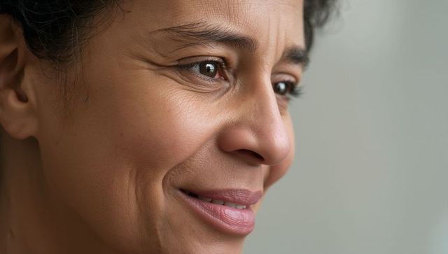 Close-up portrait of middle-aged woman showing natural skin texture and serene confident smile