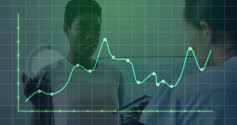 Patient and Clinician Reviewing Health Data with Interactive Green Line Chart Overlay