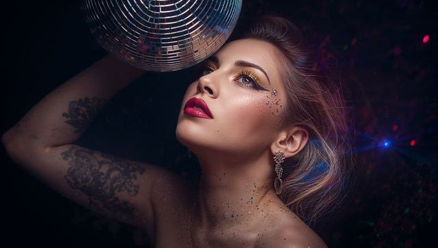Glamorous Woman with Disco Ball in Artful Setting