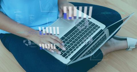Woman Analyzing Data with Laptop and Technological Overlays